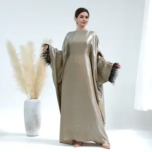 Silk Kaftan Moroccan Ramadan Woolen Sleeve Butterfly Abaya Saudi Arab Islamic Clothing from Turkey Women Muslim 2023 Party Dress