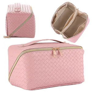 New Arrival Woven Travel Pu Leather Cosmetic Bag Texture Quilted Lay Flat Makeup Pouch With Handle Zipper Internal Compartment