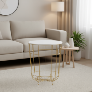 Tavolino da caffè in MDF bianco e oro con struttura in metallo, 15,7 pollici di diametro, design moderno industriale, arredamento per soggiorno - Product Image 2