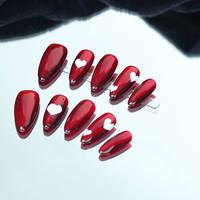 Ongles Artificiels de Haute Qualité Pure Fait Main Oeil de Chat Rouge Style Coeur Blanc Réutilisable Usine Vente en Gros