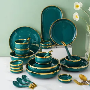 Nordique vert foncé 9/18/26 pièces ensemble de vaisselle en céramique ustensiles de cuisine de luxe bord doré assiettes en porcelaine ensemble pour 2/4/6/8 personnes