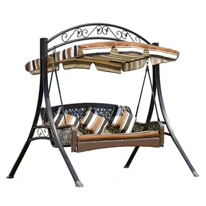 Cadeira de rattan luxuosa almofada para áreas externas, cadeiras de balanço de pátio com canope, 3 pessoas