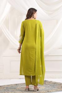 Conjunto de Kurti, Pantalón y Dupatta Rectos para Mujer, de Algodón y Seda, Bordados con Lentejuelas, Cuello Redondo, Mangas 3/4, Ropa Étnica Tradicional de Moda - Product Image 3