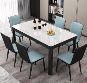 Juego de Comedor Moderno con Mesa Rectangular de Vidrio Templado y 6 Sillas, Estructura Negra, Tapicería Azul Claro, Muebles para el Hogar - Product Image 5