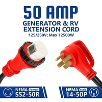 Kırmızı 30FT NEMA 14-50P - SS2-50R, 50 Amper Önceden Delikli Jeneratör Kablosu 250V, ETL Onaylı