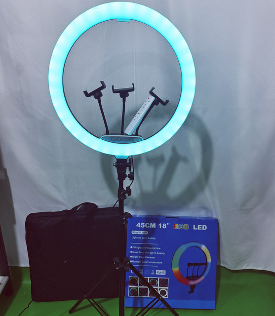 RGB Colorful 18 Inch Live Streaming Makeup Lamp LED Circle Ring Light With Remote and Phone Three Holder