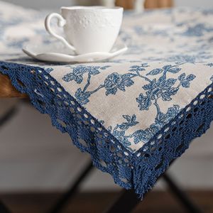 Blue Rose Floral Pastoral Cotton Linen Lace Tablecloth Home Cover Wholesale - Product Image 6