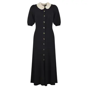 Sweet Peter Pan Collar Elegant Lady Skinny Long Sleeve Single-breasted Short Sleeve Women Knit Midi Dress