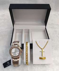 Gohuos 58803 Nouveau Coffret de 4 Pièces Sans Boîte Montre Homme Tendance en Acier Inoxydable à Quartz avec Collier Croix, Bague et Bracelet – Ensemble Cadeau - Product Image 2