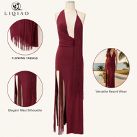 Robe longue bohème personnalisée à franges, col halter, décolleté plongeant en V, taille drapée, fente latérale, pour soirée, tenue de villégiature pour femme, vente en gros