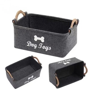 Felt <b>Storage</b> <b>Basket</b> For Dog Toys Grey With Wooden Handles Pet Toy Organizer - Product Image 2