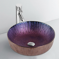 Lavabo en céramique de luxe à dégradé violet étoilé, style antique cuivre, sculpté à la main, à rayures verticales, rond, sur pied, ensemble de lavabo