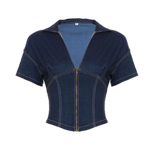 Camiseta de Verano Y2K Sexy para Mujer, Cuello en V, Corte Ajustado, Estilo Denim, Cierre de Cremallera, Manga Corta, Top de Moda para Dama - Product Image 6