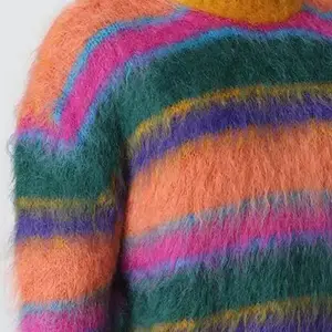 Suéter de Mohair cepillado para hombres, Jersey de rayas de punto de manga larga con cuello redondo y logotipo personalizado, 2023