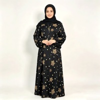 Abaya con Mangas Abullonadas y Estampado de Puntos, Motivo Floral Dorado, Ropa Modesta Musulmana Islámica, Largo hasta el Suelo, Cobertura Completa