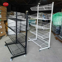 Présentoir mobile en métal thermolaqué avec panier en fil métallique pour promotion en magasin