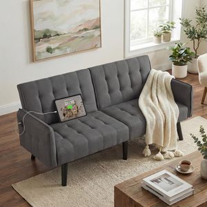 Divano <span class=keywords><strong>Letto</strong></span> Futon Convertibile con USB, Imbottito e Trapuntato, Piccolo Divano Pieghevole Regolabile, Moderno Stile Mid-Century - Product Image 1