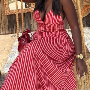 Women's <b>Sexy</b> Spaghetti Strap Top & African-Inspired Midi Skirt New Fashion Striped 2-Piece <b>Set</b> Fashion - Product Image 5