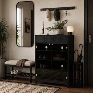 Armoire de présentation haute en verre noir moderne avec étagères, armoire de rangement à chaussures noire moderne avec compartiments multiples et ouverture par pression - Product Image 3