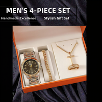 Ensemble promotionnel de 4 pièces pour homme, tendance estivale, marque YJ, acier inoxydable, plaqué argent, montre, bracelet, collier, bague, ensemble cadeau