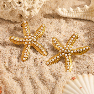Boucles d'oreilles étoile de mer incrustées de perles, étoile à cinq branches, plaqué or 18 carats, sertissage clos, pour femme, bijoux tendance - Product Image 2