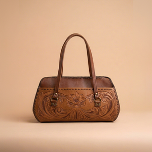 Bolso de hombro de moda con dos asas de cuero genuino repujado, con cremallera y estampado floral, para mujer, tipo tote de viaje. - Product Image 1
