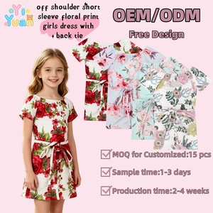Robe florale pour enfants à épaules dénudées et manches courtes, avec nœud à nouer à la taille, imprimée, pour petites filles, tenue décontractée d'été pour fêtes et vacances - Product Image 1
