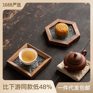 Plato de Madera de Nogal para Té y Repostería, Hexagonal, Cuadrado, con Diseño Floral, Posavasos para Té Kung Fu - Product Image 5