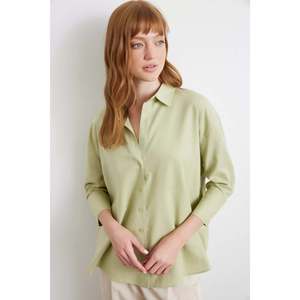 Chemise en lin à manches fendues pour femme, coupe ample, couleur menthe, boutonnée, pour tous les jours - Product Image 5