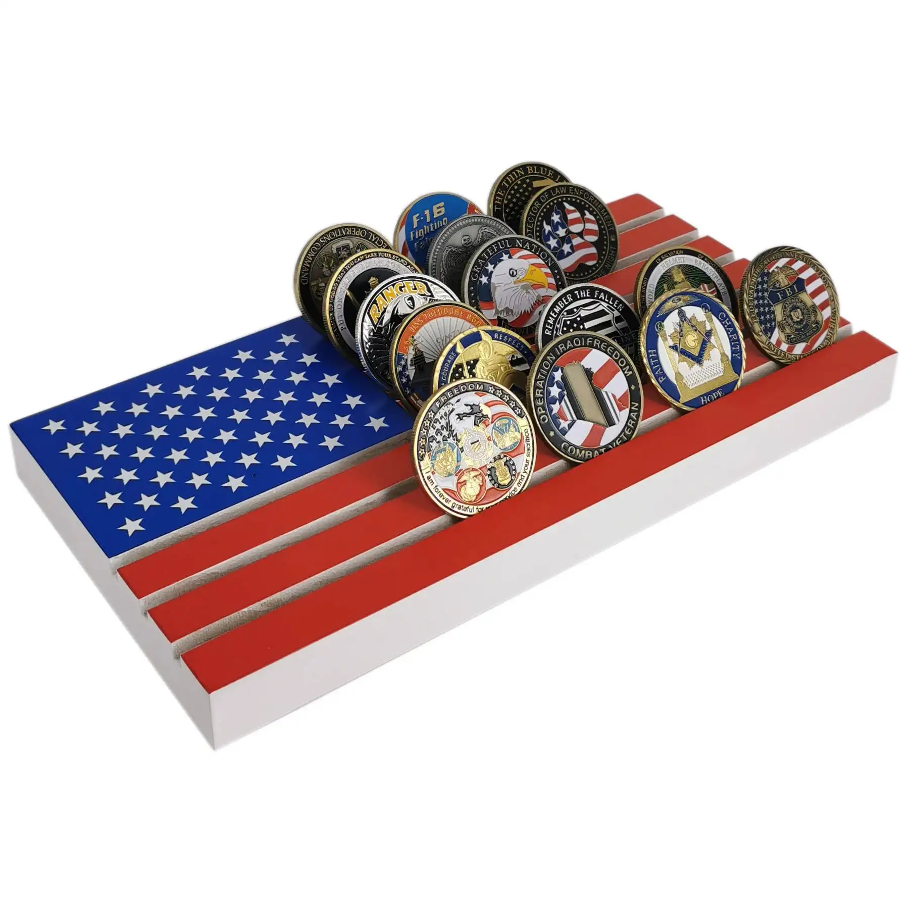 6 rangées drapeau américain porte-monnaie acrylique défi militaire présentoir peut contenir 32 à 36 pièces