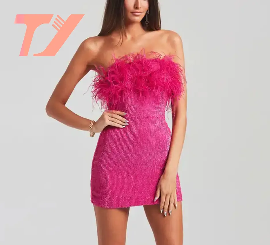 TUOYI Off Shoulder Bodycon Party Pink Mini Dress Sequin Dresses Women Elegant Evening Dress With Feathers