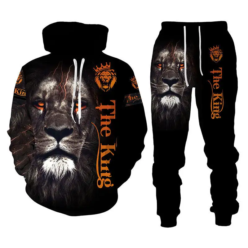 Custom Herfst Winter Heren Kleding 2 Delige Sets Joggers 3d De Leeuw Koning Bedrukte Trainingspak Set Plus Size Heren Hoodies Set