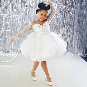 Bambine bianche abiti da ragazza fiore per matrimonio su misura collo trasparente maniche lunghe con paillettes in pizzo per festa di compleanno - Product Image 4