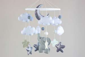 Cadeau de baby shower étoiles et <span class=keywords><strong>nuage</strong></span> <span class=keywords><strong>gris</strong></span> animal feutre éléphant décor mural de pépinière musical bébé berceau mobile pour bébé - Product Image 4