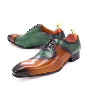 Chaussures Oxford classiques marron vert à bout pointu en cuir à lacets pour mariage, banquet, bureau et occasions formelles pour hommes - Product Image 5