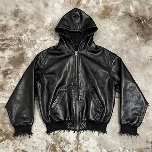 Hoodie en cuir PU ciré vieilli style Y2K streetwear personnalisé, coupe oversize à épaules tombantes, court et carré, avec fermeture éclair - Product Image 3