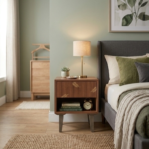 Mesita de noche de madera maciza con cajón con incrustaciones de hojas y compartimento abierto - Product Image 4
