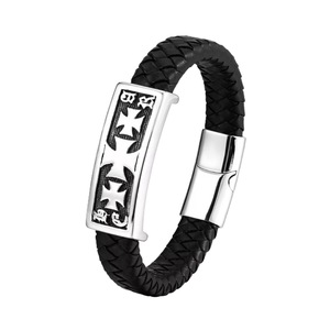 Braccialetto cristiano religioso in pelle intrecciata nera da uomo con bracciali stringhe in acciaio inox croce <span class=keywords><strong>Malta</strong></span> regalo - Product Image 1