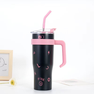 Gobelet isotherme en acier inoxydable noir et rose, grande tasse à café isolée avec paille, 1250 ml, avec poignée pour voyage en voiture, vente en gros - Product Image 6