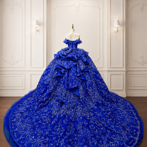 Lsmc143 Elegante Vestido de Quinceañera Azul Cobalto con Hombros Brillantes, Apliques de Encaje Barroco, Cola Capilla, Largo hasta el Suelo, para Fiesta - Product Image 4