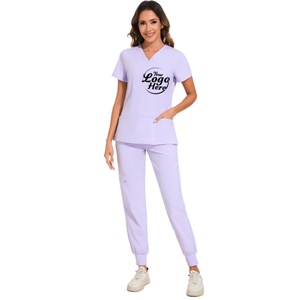 Ensemble de blouses médicales pour femmes - Haut de blouse tricoté extensible à col en V et pantalon jogger 8 poches (pantalon cargo à col en V) - Product Image 1