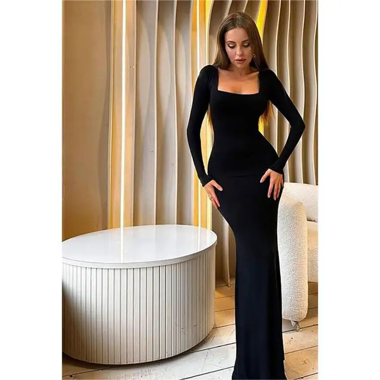 Trend 2024 Autumn Spring Elegant Classic Black Leisure Knitted Square Collar Long Sleeve Bodycon Casual Dresses Women