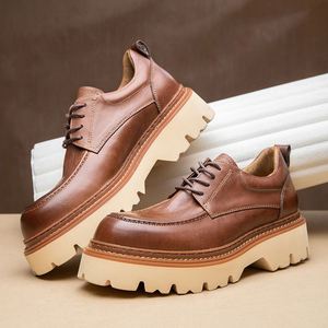 Men's High End Cowhide Business Casual Leather Shoes Outdoor <b>Platform</b> Low Cut Lace up Work Shoes Height Increasing Autumn - Product Image 2