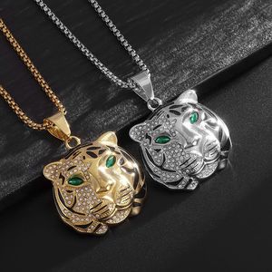 Collier pendentif tête de tigre en acier inoxydable plaqué or et argent avec yeux verts et strass, bijoux hip hop unisexes - Product Image 1