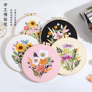 Juego de materiales de bordado DIY de 20cm, kit de bordado floral colorido con diseño de flores, ramo atemporal para decoración del hogar