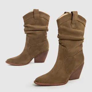 女鞋批发新款超细纤维面料西部牛仔靴褶边棕色骑士靴