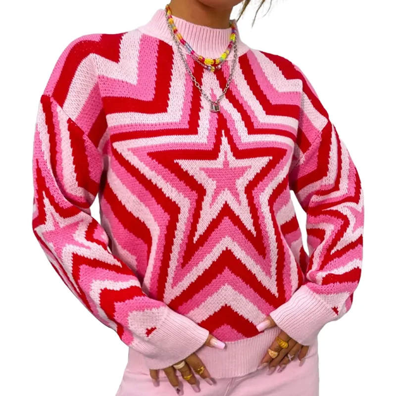 Mock Neck Star Pattern Drop Shoulder Sweater jacquard sweater custom jumper custom customisable knit sweater