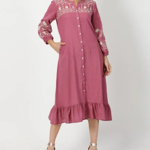 ชุดเดรสผ้าฝ้ายลินินทรงเอ สไตล์ลำลอง คอโอ แขนยาว ติดกระดุม ความยาวปานกลาง สำหรับฤดูร้อน ผู้หญิง  ปรับแต่งได้ตามต้องการ - Product Image 2