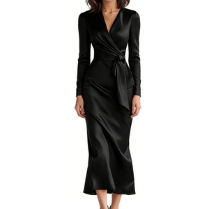 เดรสยาวปานกลางคอวีแขนยาวสำหรับผู้หญิง - เดรสผูกเอวแบบเป็นทางการ แฟชั่นเดรส - Product Image 2