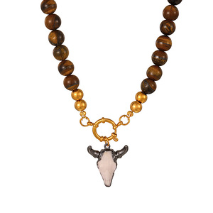 <span class=keywords><strong>Collier</strong></span> en gros, nouveau style vintage western cowboy, avec pendentif tête de taureau en résine, boucle circulaire en acier titane et perles en pierre naturelle - Product Image 5